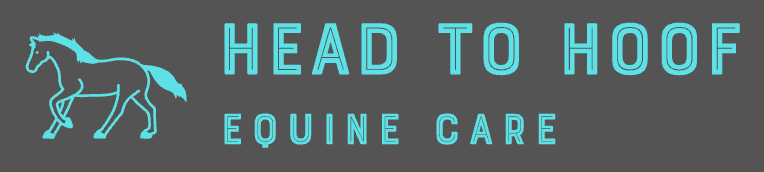 A logo for head to hoof equine care with a horse on it.