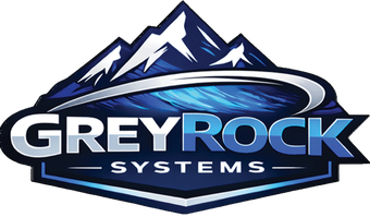 Greyrock Systems logo with mountain peaks and blue wave in silver, navy, and white