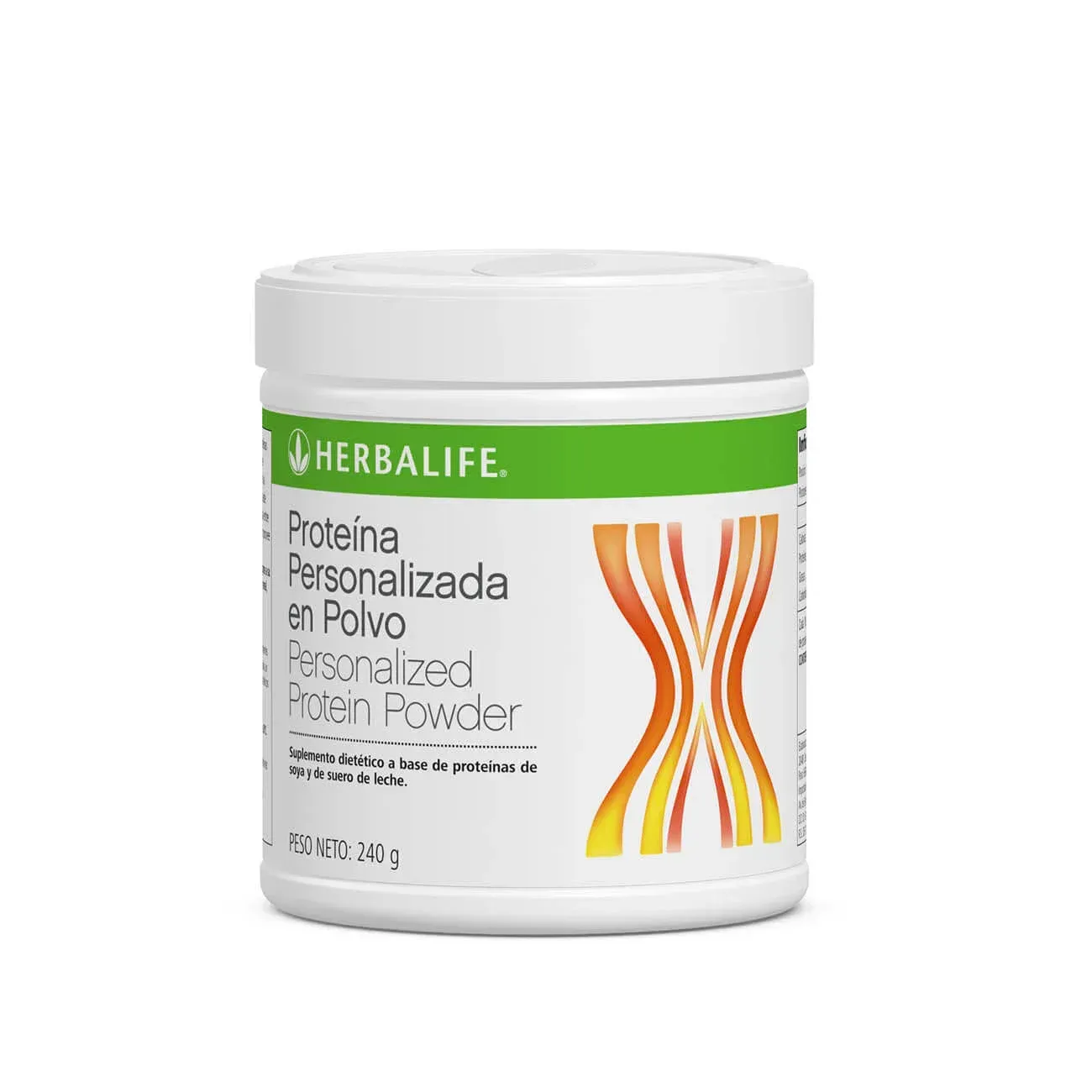 Envase de proteína en polvo Herbalife con tapa blanca y etiqueta verde sobre fondo blanco.