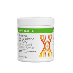 Un bote de proteína en polvo personalizada de Herbalife con la marca en color verde 