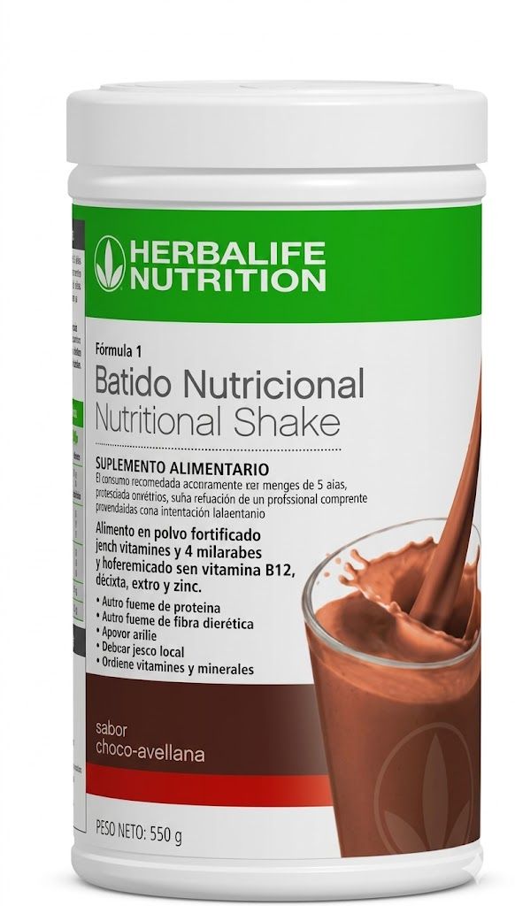 Envase de polvo para batido de vainilla Herbalife Nutrition Fórmula 1 con imagen de batido de chocolate