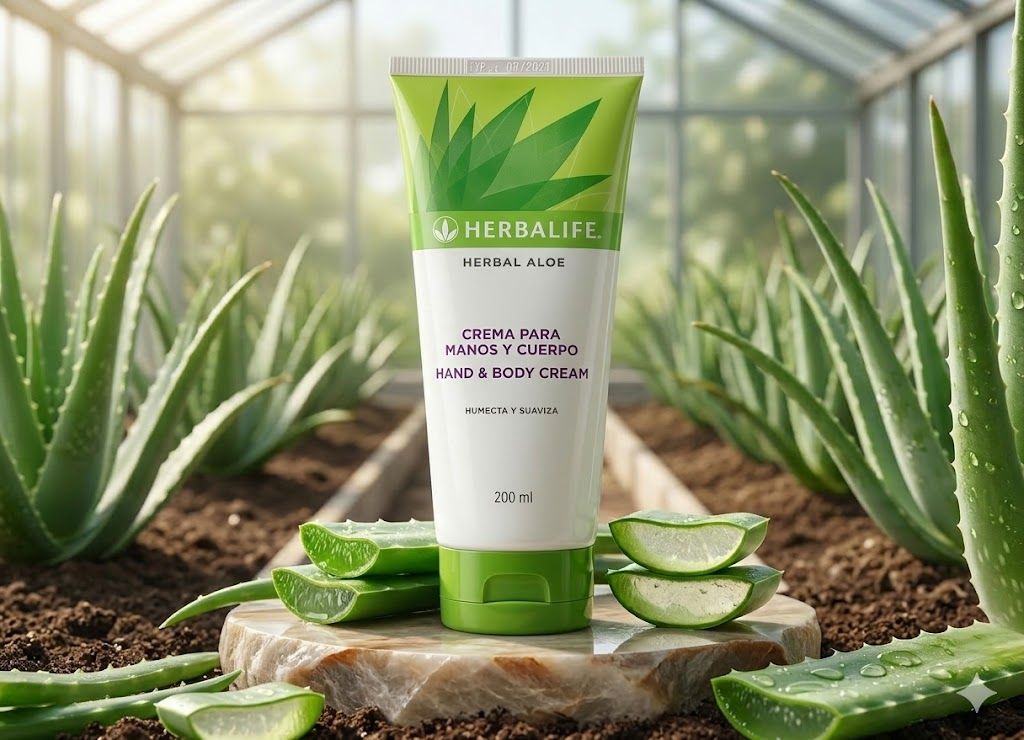 Botella de bebida de aloe vera de Herbalife en el centro, entre hojas de aloe, en un entorno de invernadero.