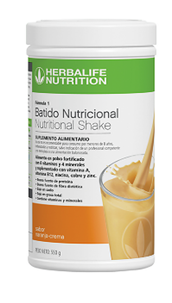 Un envase  de batido nutricional Herbalife Nutrition Fórmula 1 sabor naranja y crema junto a un vaso de batido de naranja.
