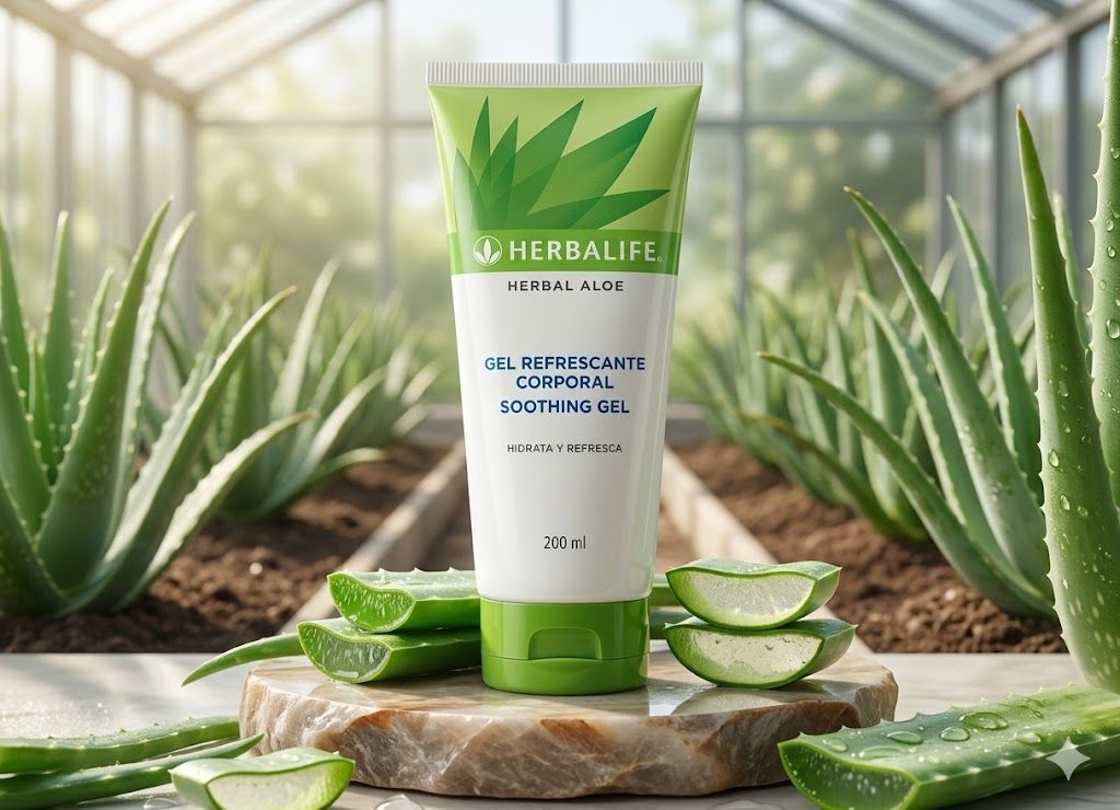 Tubo de gel de aloe Herbalife con hojas de aloe sobre una piedra en un invernadero luminoso.