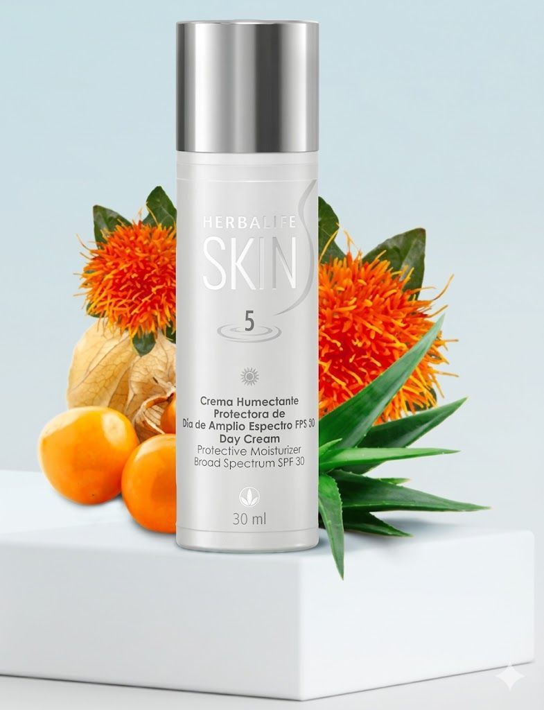 Frasco plateado de productos para el cuidado de la piel con etiqueta blanca, rodeado de naranjas, piña y hojas tropicalesz.