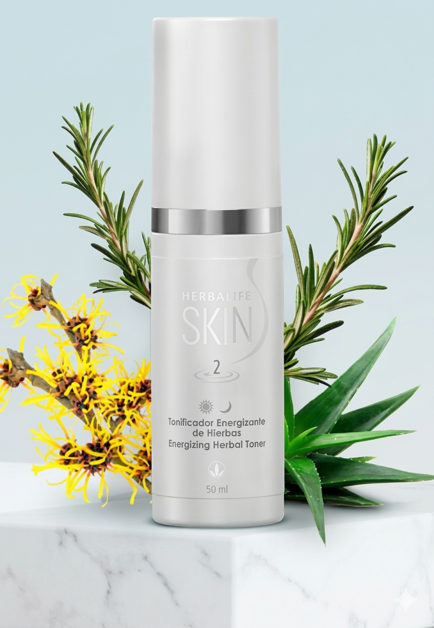 Frasco blanco de sérum facial con tapón plateado, rodeado de hojas verdes y flores amarillas sobre mármol.