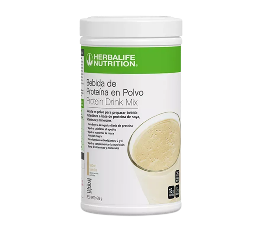Envase de polvo para bebida proteica Herbalife Nutrition con tapa blanca y etiqueta verde y blanca.