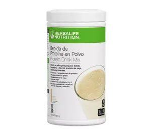 Envase de polvo para bebida proteica Herbalife Nutrition con tapa blanca y etiqueta verde y blanca.