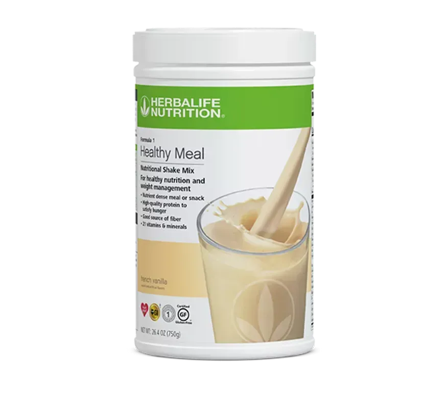 Envase de mezcla para batido nutricional Herbalife Nutrition sabor vainilla francesa.