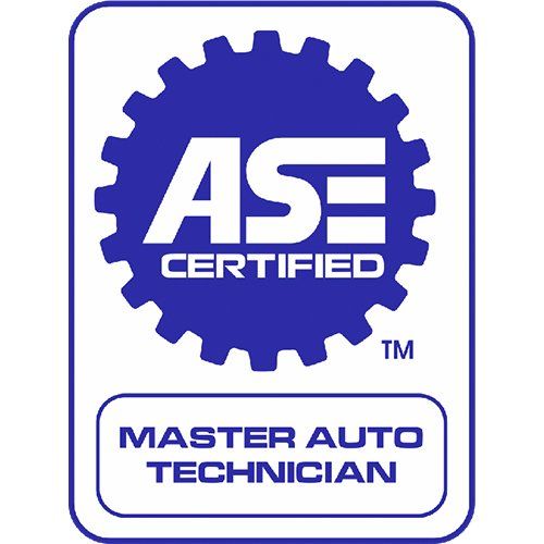 Blue ASE Master Auto Technician certification badge.