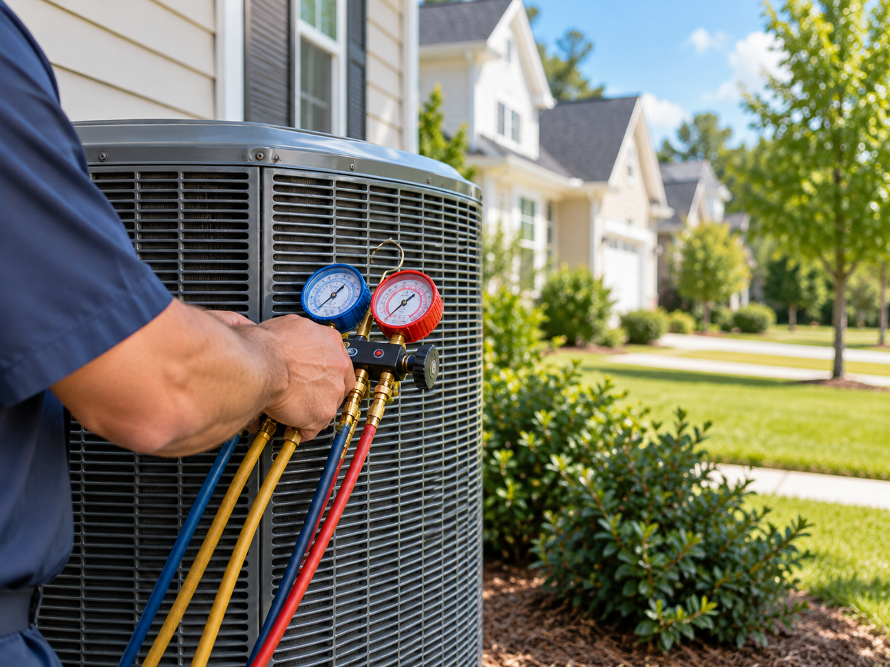 HVAC technician servicing outdoor air conditioning unit in Greenville County
