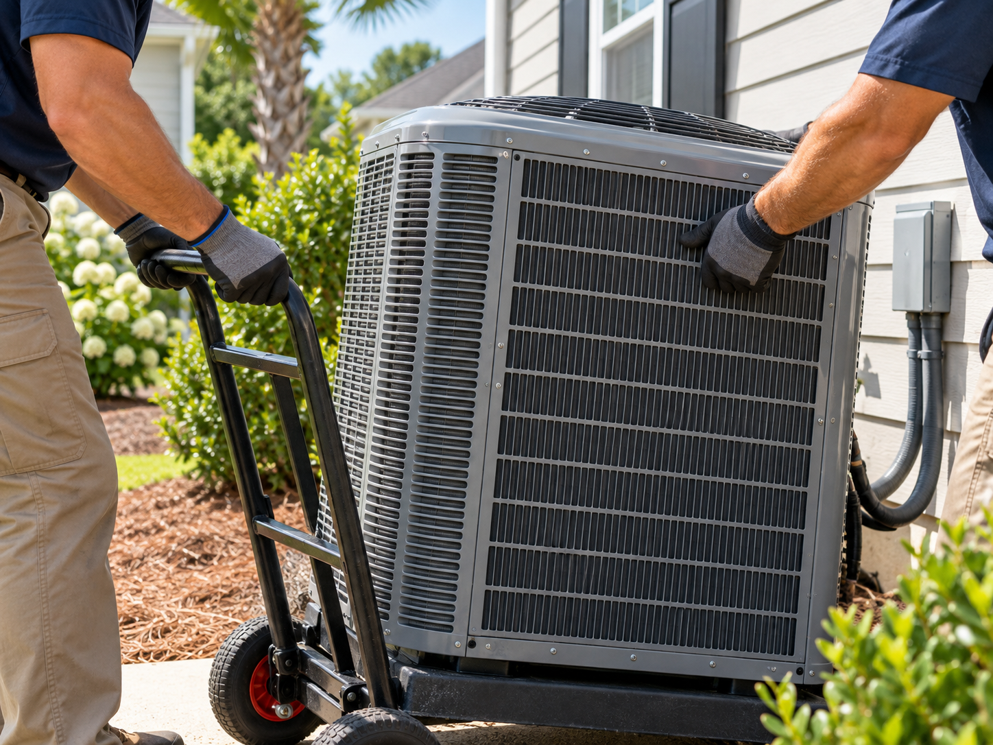 Technicians moving a large outdoor HVAC unit on a dolly near a house