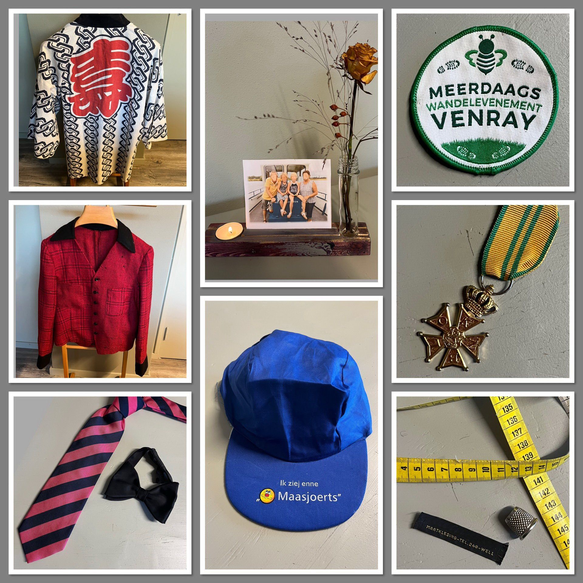 Collage van kledingstukken, medailles, een blauwe pet logo items voor een voel- tastkussen dementiekussen