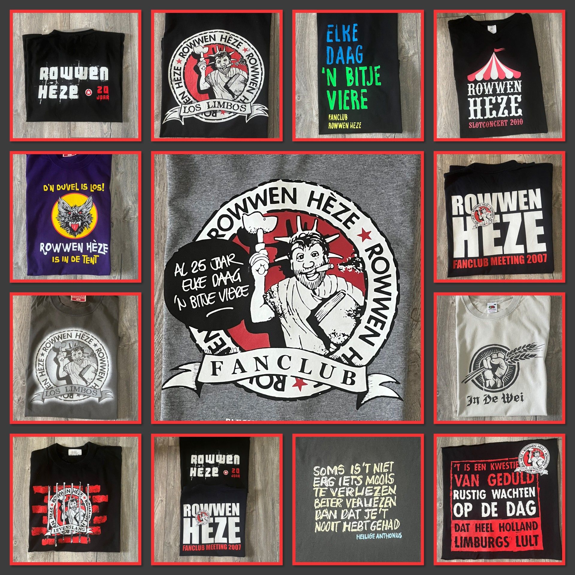 Collage van shirts met Nederlandse tekst, met in het midden een groot shirt met de tekst