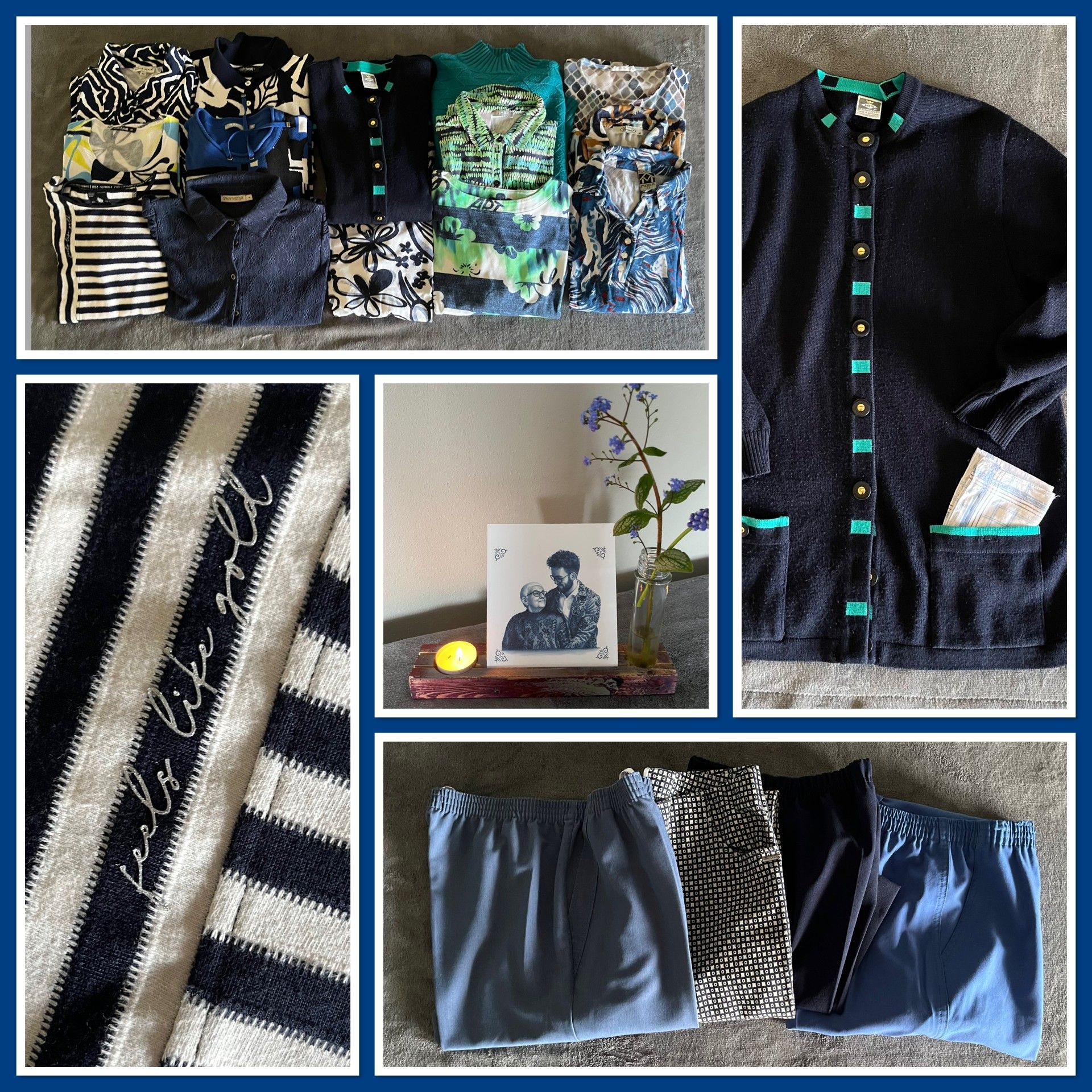 Collage van kleding, truien, een foto van oma en kleinkind. van deze kleding is een herinneringsdeken gemaakt