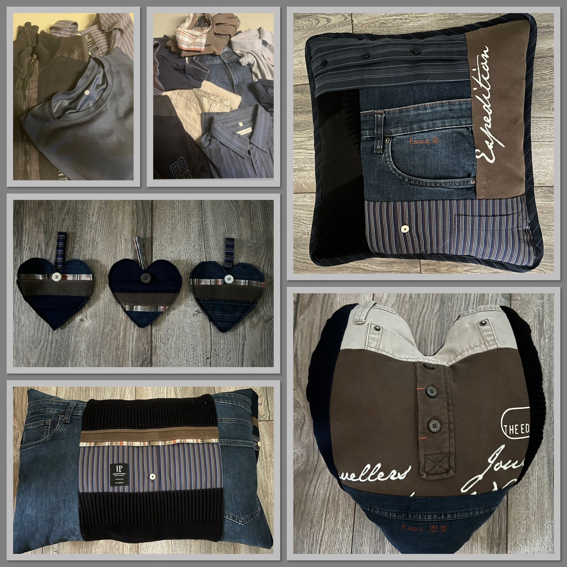 Hartvormige tassen en etuis van patchwork denim in zwart, grijs en bruin op een collage-achtergrond.