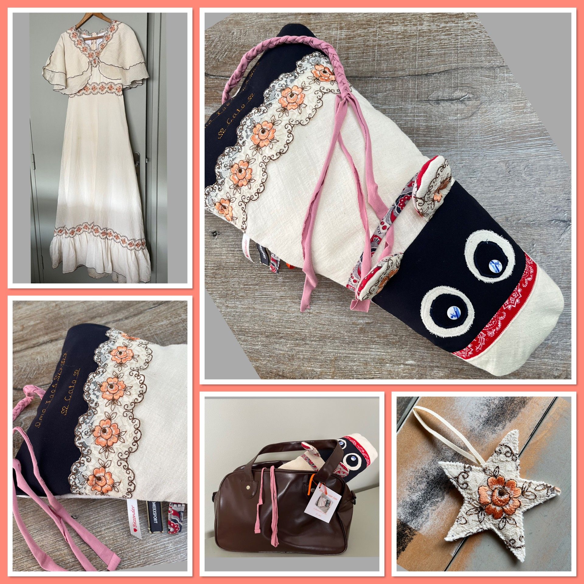 Collage van een roze gehaakte jurk, bijpassende tas, zwart etui en op een grijze achtergrond