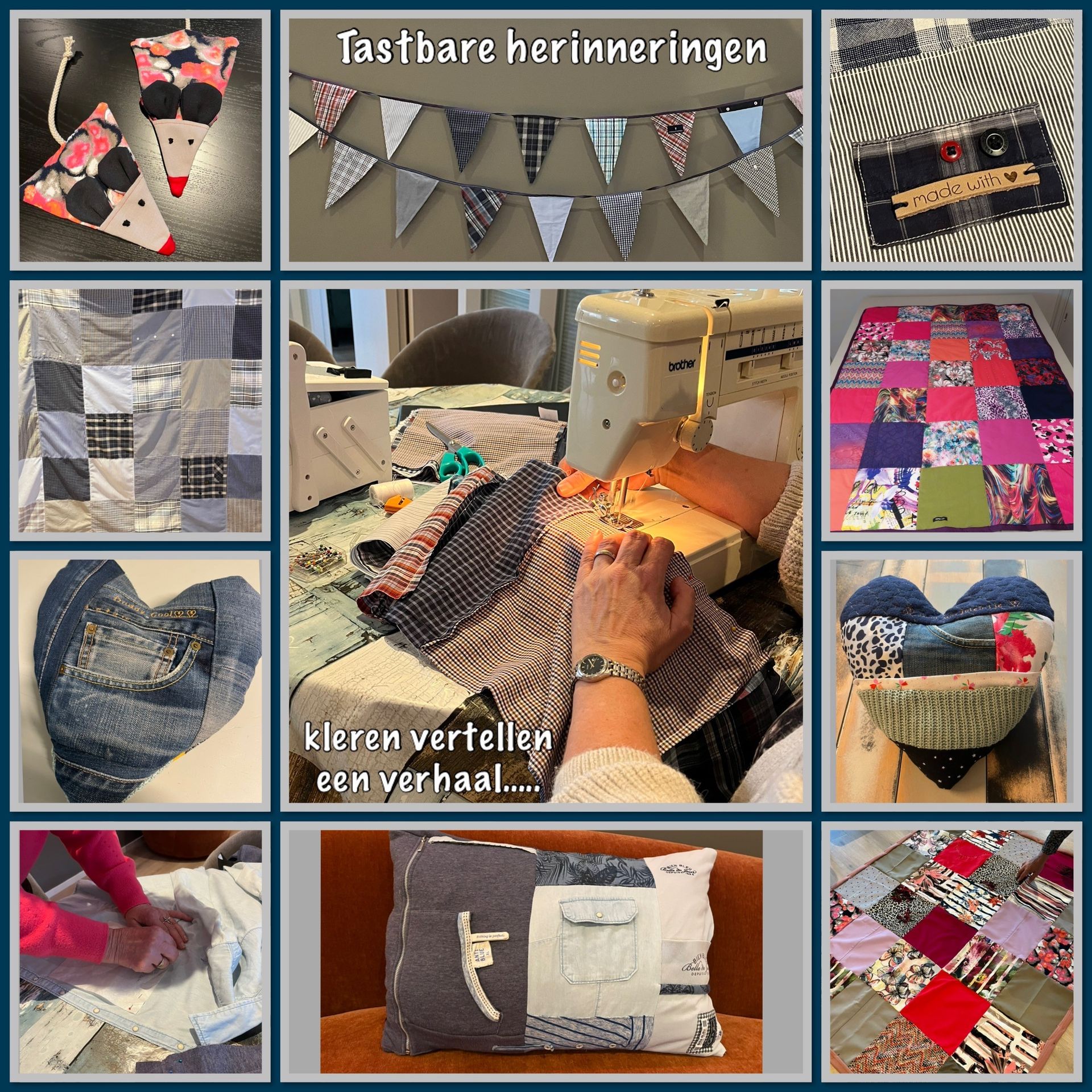 Collage van handgemaakte stoffen quilts, tassen en banners met Nederlandse tekst over het levend houden van herinneringen.