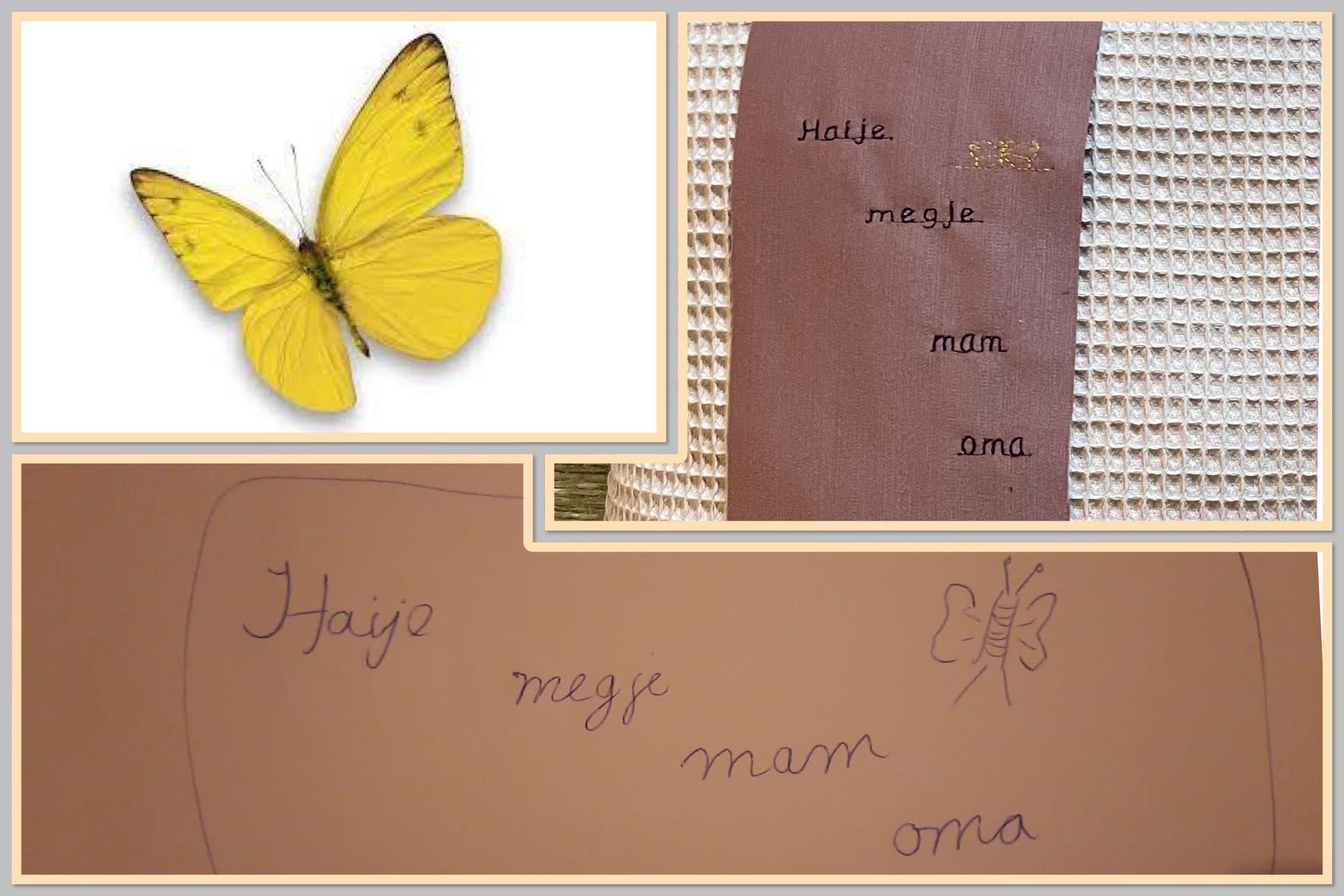 Collage van gele vlinders met handgeschreven namen op bruin papier en een geweven achtergrond.