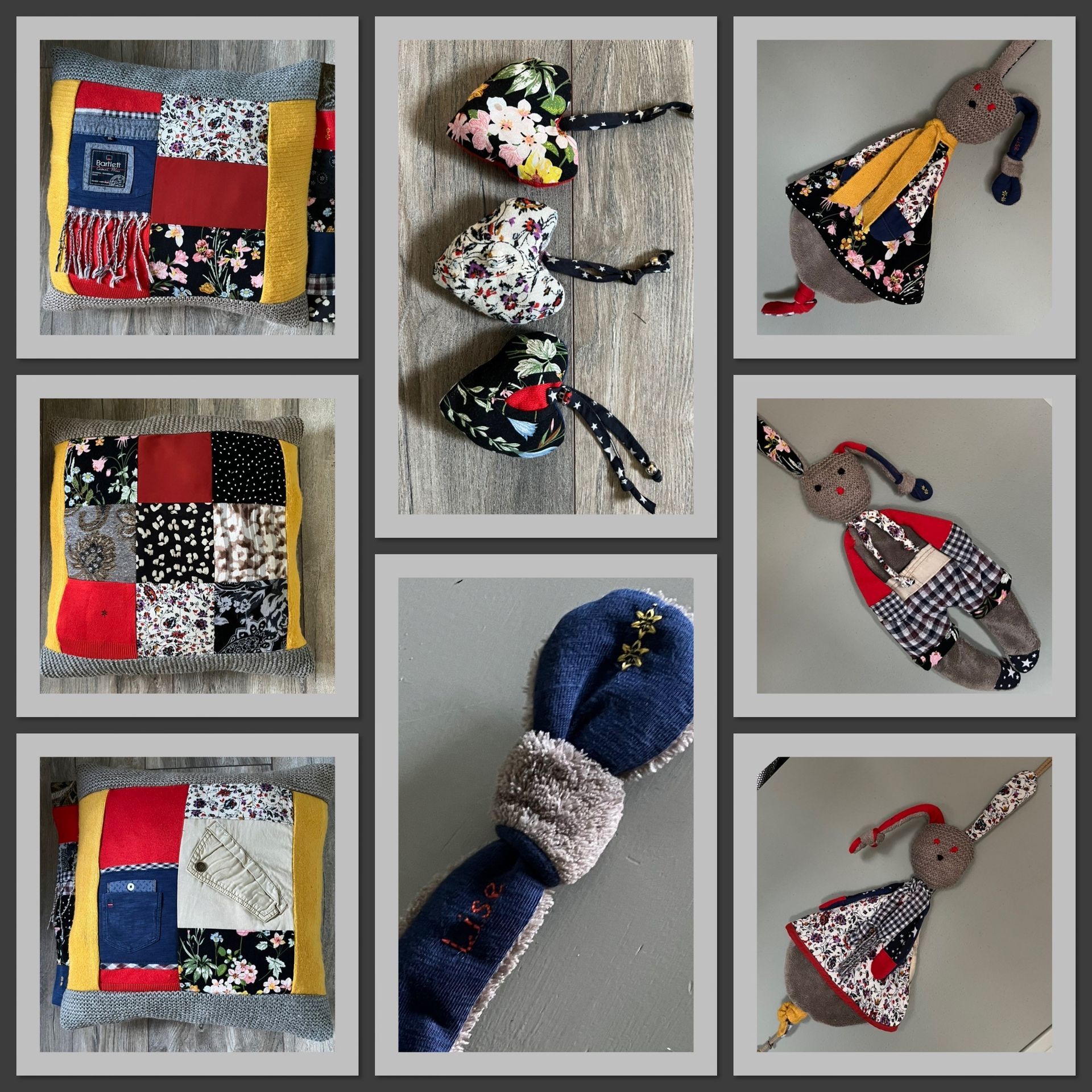 Patchworkstofkunst en opgezette vogels in een collage met een grijze achtergrond, aangevuld met kleurrijke gequilte vierkanten en hangende ornamenten.