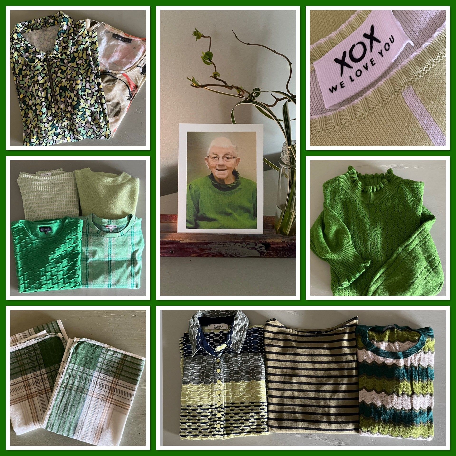 Collage van groene en bedrukte kleding, en een foto van oma, van deze kleding is een herinneringskussen gemaakt
