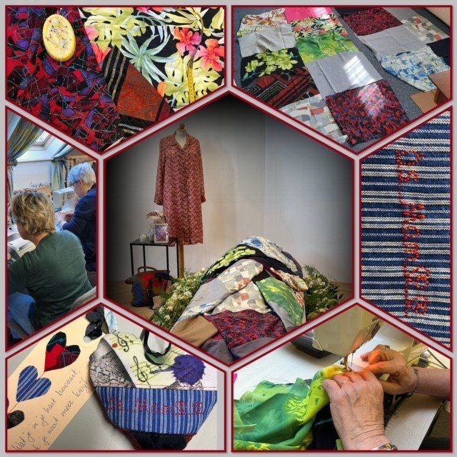 Quiltcollage met kleurrijke stoffen panelen, een hangende jurk en handen die felgroene stof naaien.