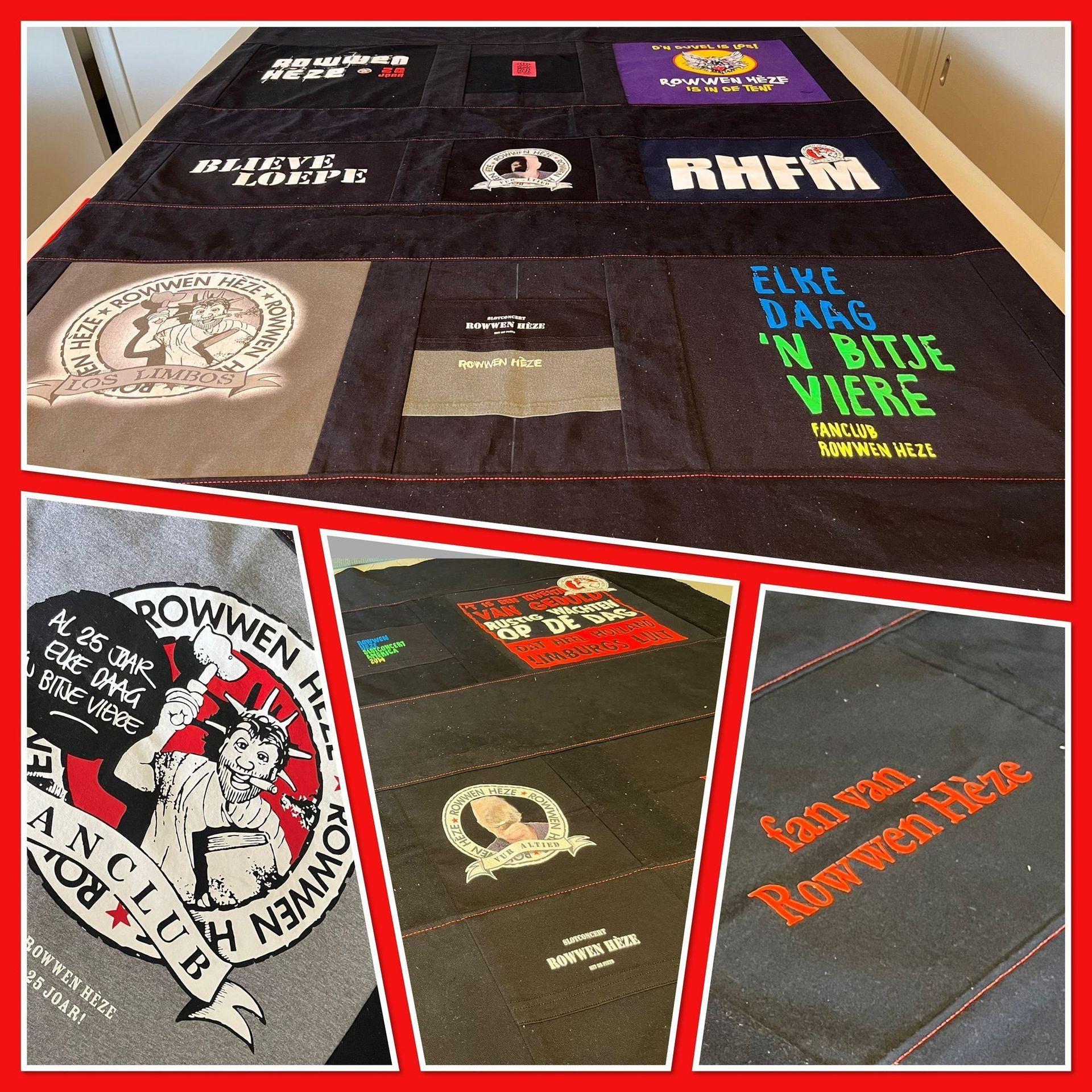 herinneringsdeken van shirts van Rowwen Heze, hij was fan van het eerst uur, de rode draad was zichtbaar in de deken