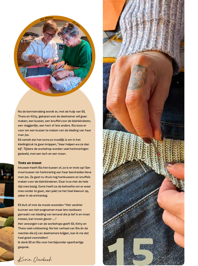 Een persoon naait stof met de hand naast een tekstkolom en een cirkelvormige ingevoegde foto van twee mensen die aan het knutselen zijn.