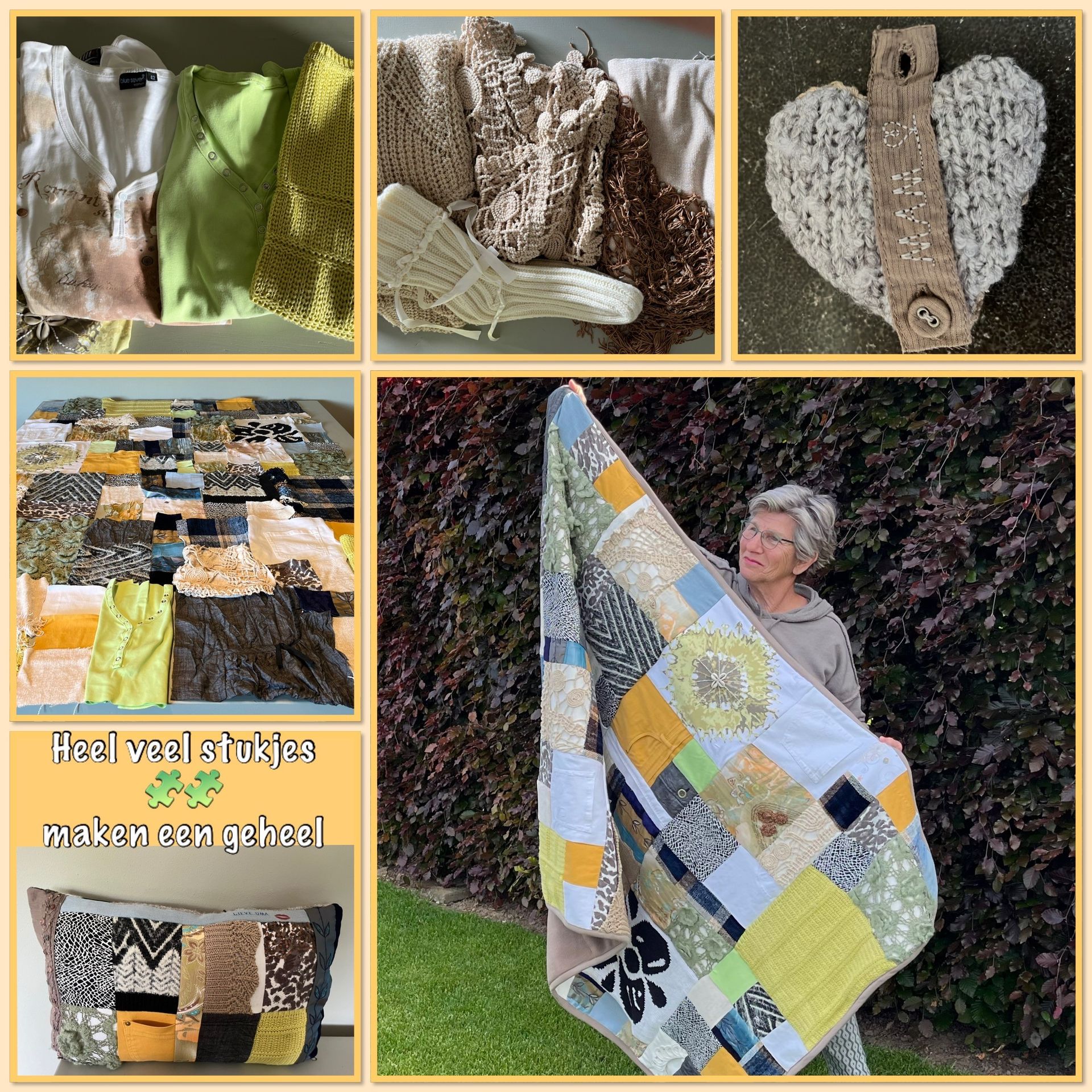 Collage van handgemaakte gehaakte dekens en tassen in neutrale, gele en zwart-witte patronen.