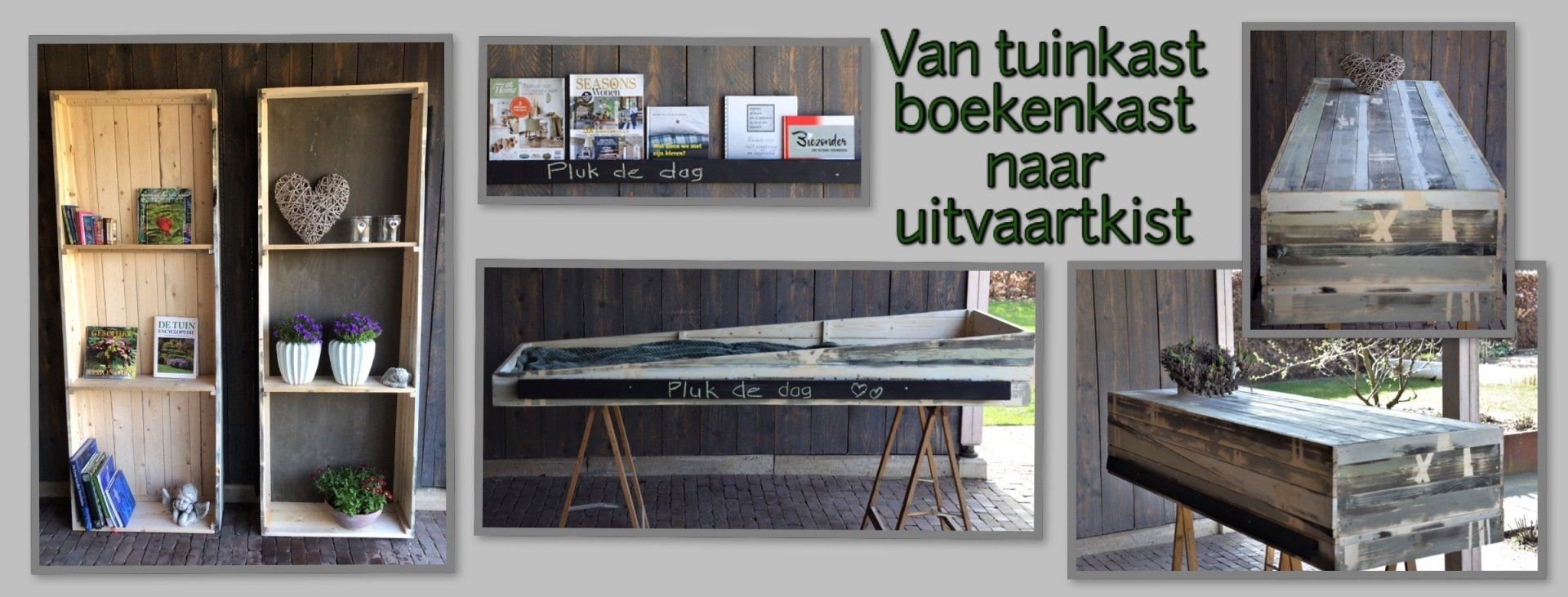 Collage of a wooden cabinet turned into a coffin, labeled in Dutch “Van tuinkast boekenkast naar uitvaartkist”