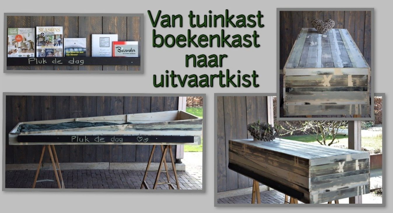 Collage of a coffin-style book box with Dutch text: 