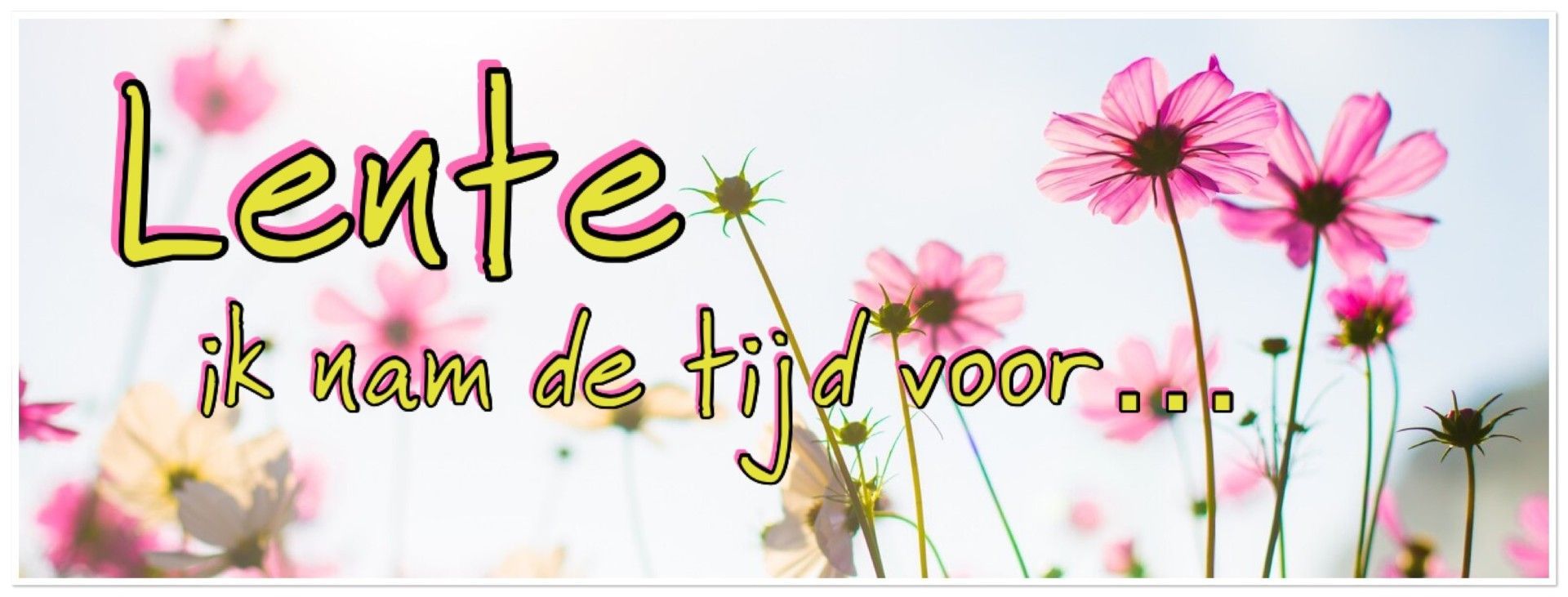 Pink flowers with the Dutch text “Lente, ik kan de tijd voor” on a pastel background