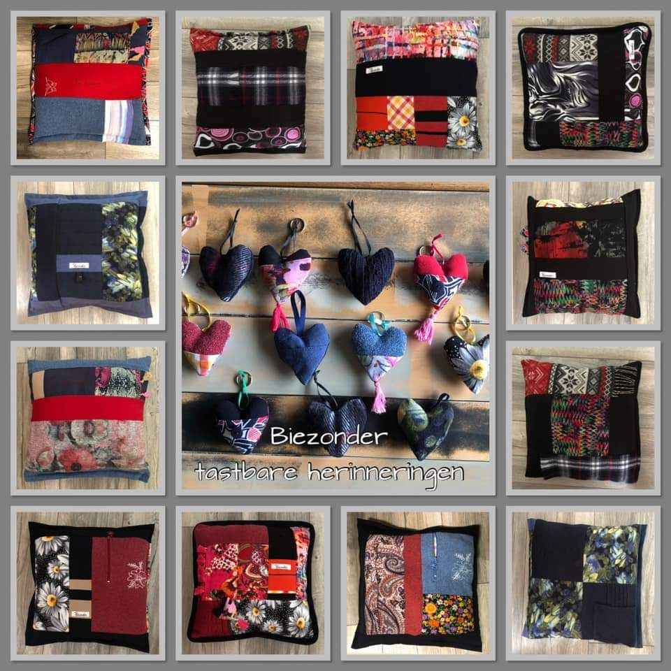 Collage van kleurrijke stoffen hartjes en gequilte lapjes met patroonranden en de tekst 