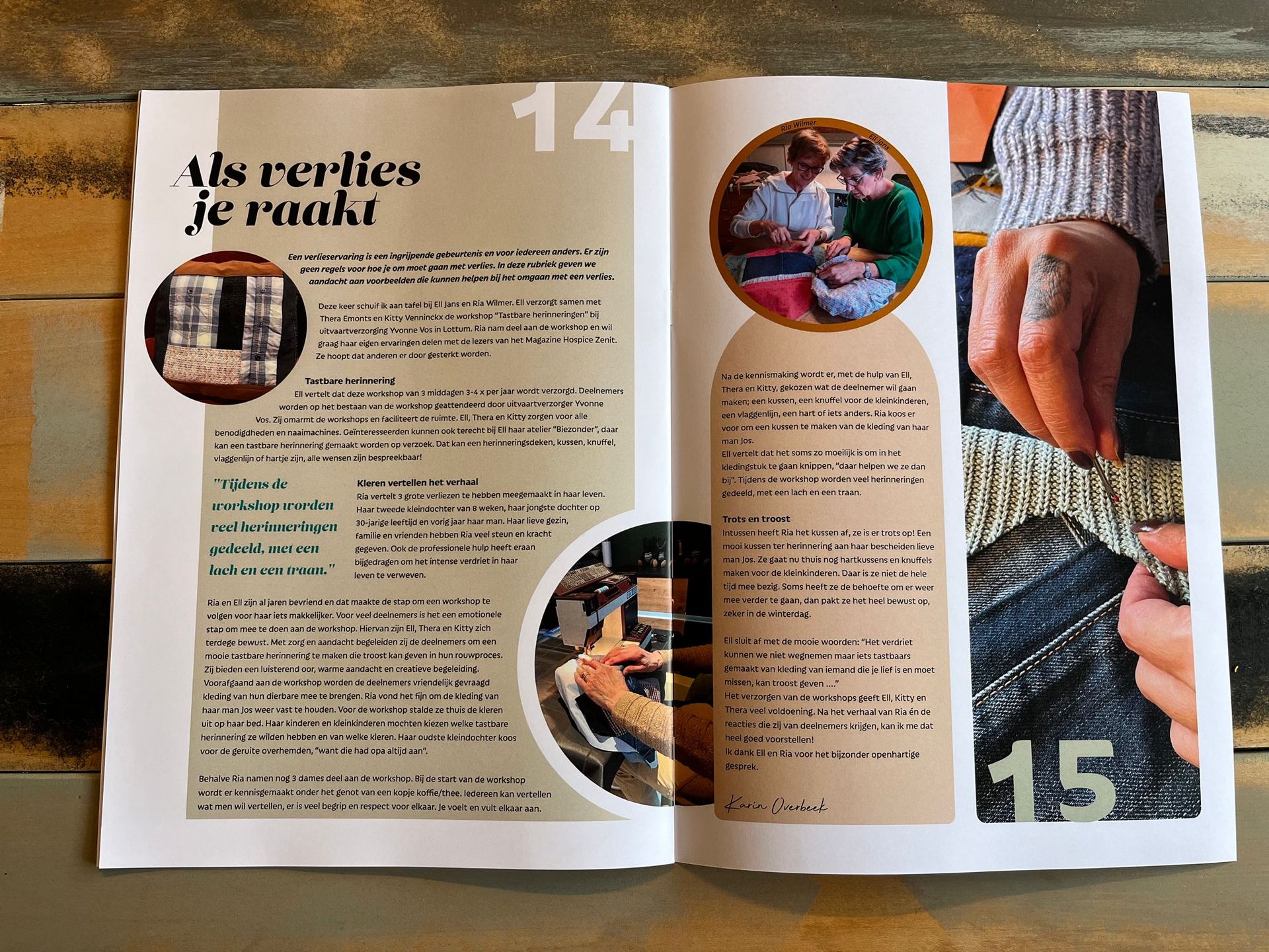 Open een tijdschriftpagina met Franse tekst, foto's van gerechten en stapsgewijze kookinstructies op pagina 14 en 15.