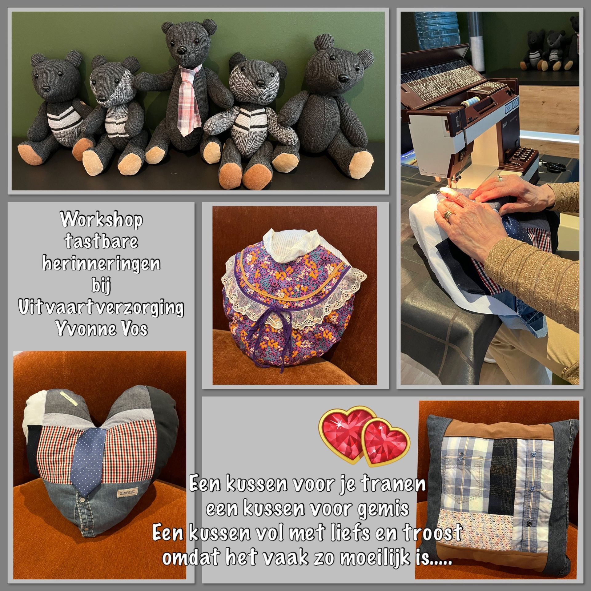 Patchwork kattenpoppen en genaaide stoffen hartjes, met handen die een quiltwerkje naaien op een naaimachine.