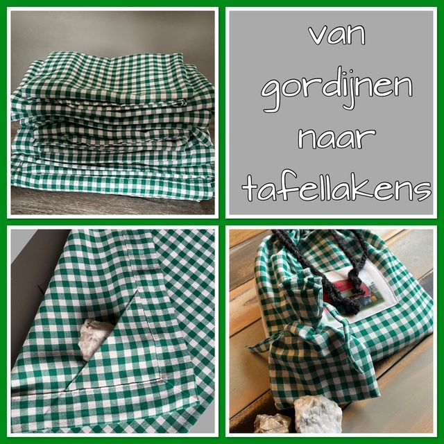 Van gordijnen naar tafelkleens: green-and-white checkered fabric folded into cloth napkins and a tablecloth