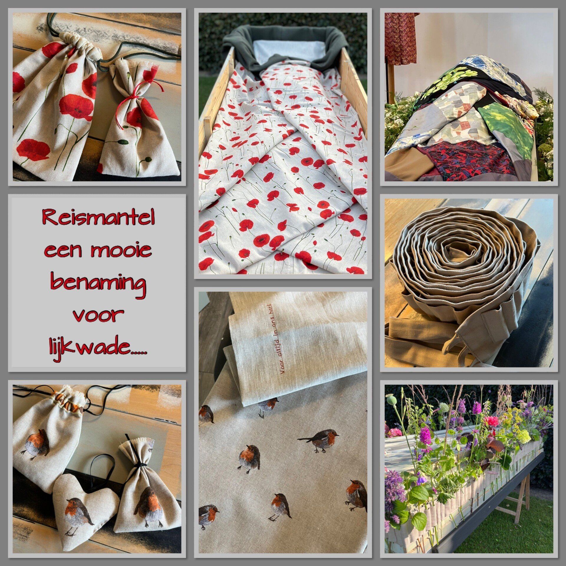 Collage van handgemaakte stoffen items en quilts met Nederlandse tekst, plus bloemen en een tuinhek.