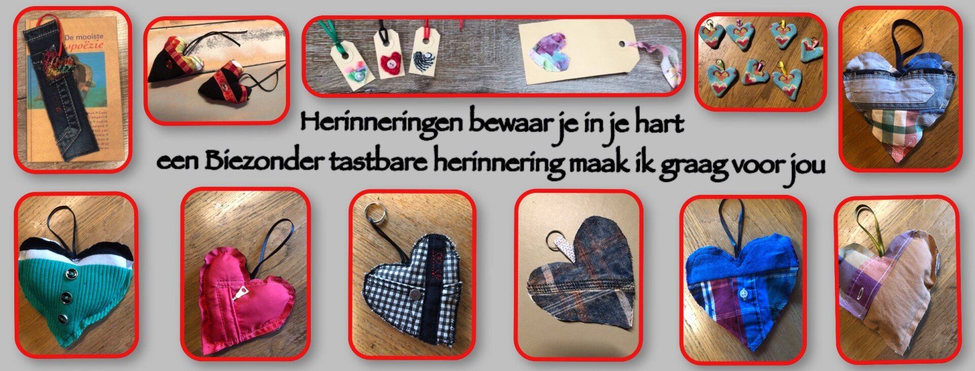 Dutch memorial collage of colorful heart ornaments and photos with text: “Een bijzonder tastbare herinnering maak ik graag voor jou”