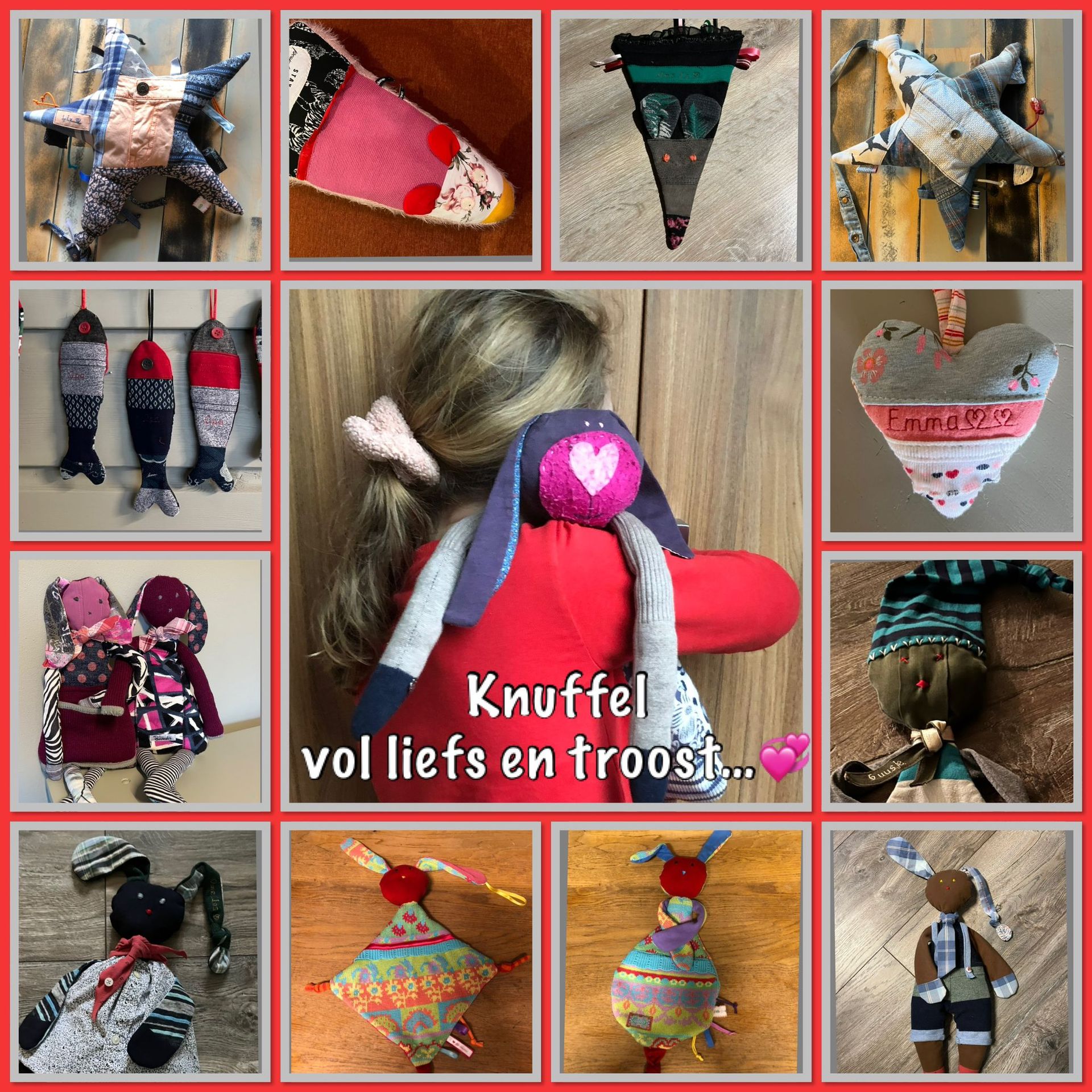 Collage van handgemaakte stoffen poppen en hartvormige knutselwerkjes in rood, roze en blauw op een houten achtergrond.