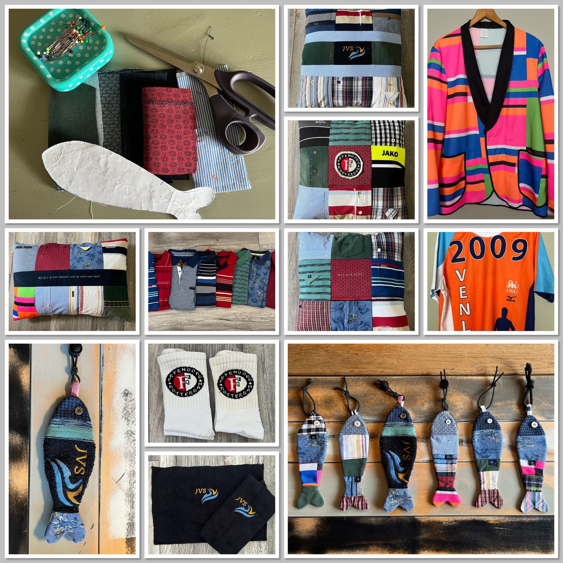 collagefoto van kleding dierbare daarvan is een herinneringskussen en visjes gemaakt in atelier Biezonder