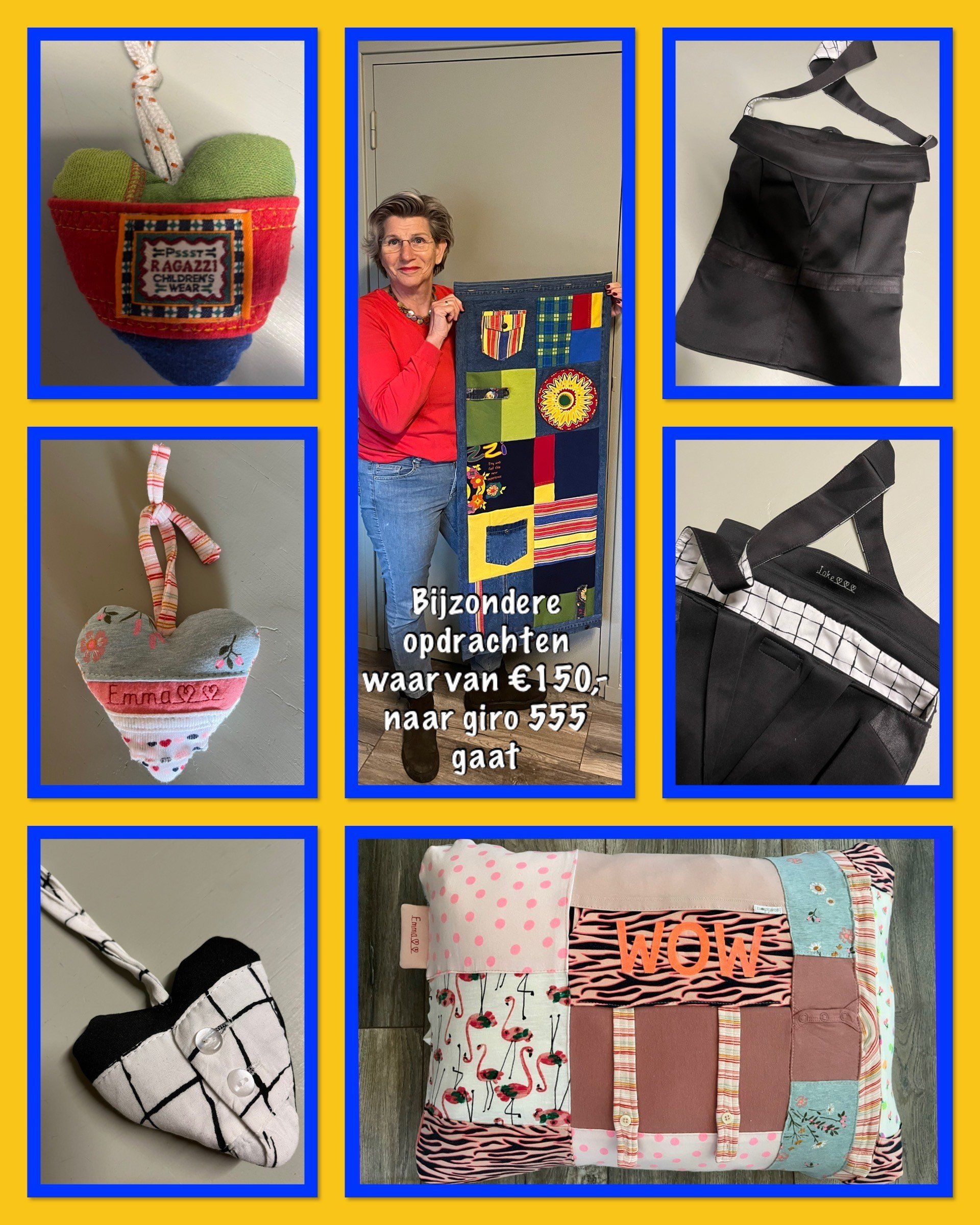 Collage van kleurrijke handgemaakte textielkunstwerken en tasjes op een blauwe achtergrond, inclusief een persoon die er een vasthoudt.