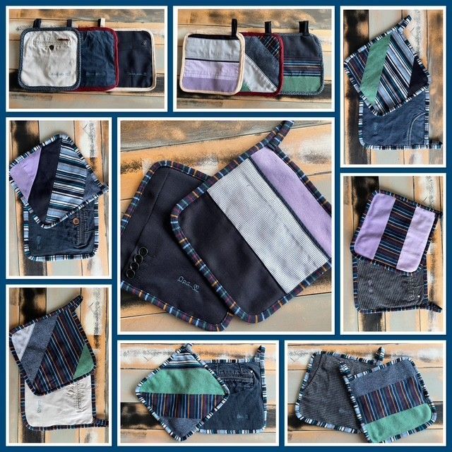 collage van 10 sets pannenlappen gemaakt van dierbare kleding van een vader en opa, kleurrijk en mooi afgebiesd