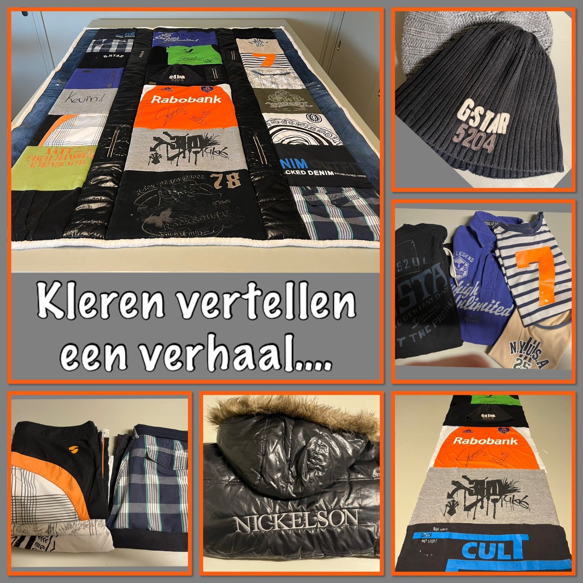 collage van een herinneringsdekens gemaakt door Ell Jans van kleding van een jongen