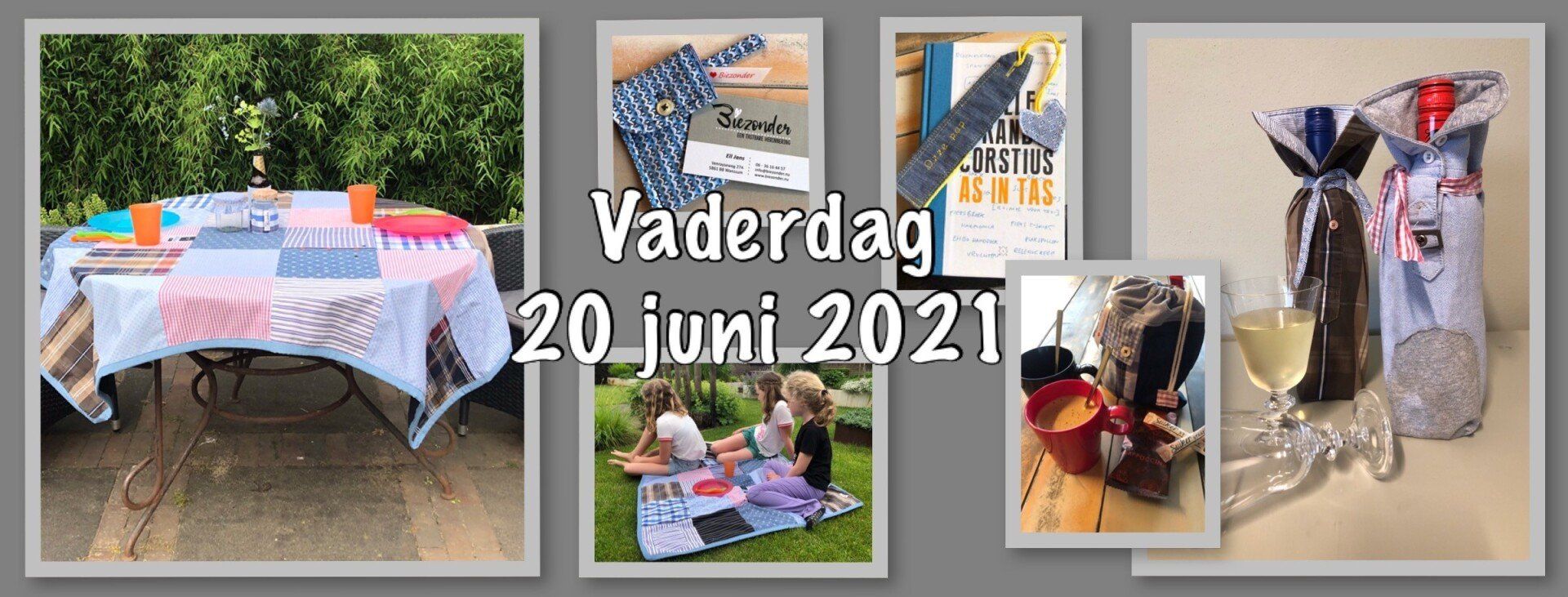 Vaderdag-cadeaucollage met ingepakte cadeaus, kaarten en een tafeldecoratie, gedateerd 20 juni 2021.
