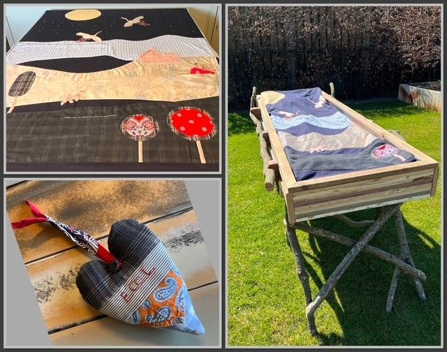 collage foto met een baar gemaakt van sloophout met daarop een wade op wens gemaakt van kleding van een dierbare