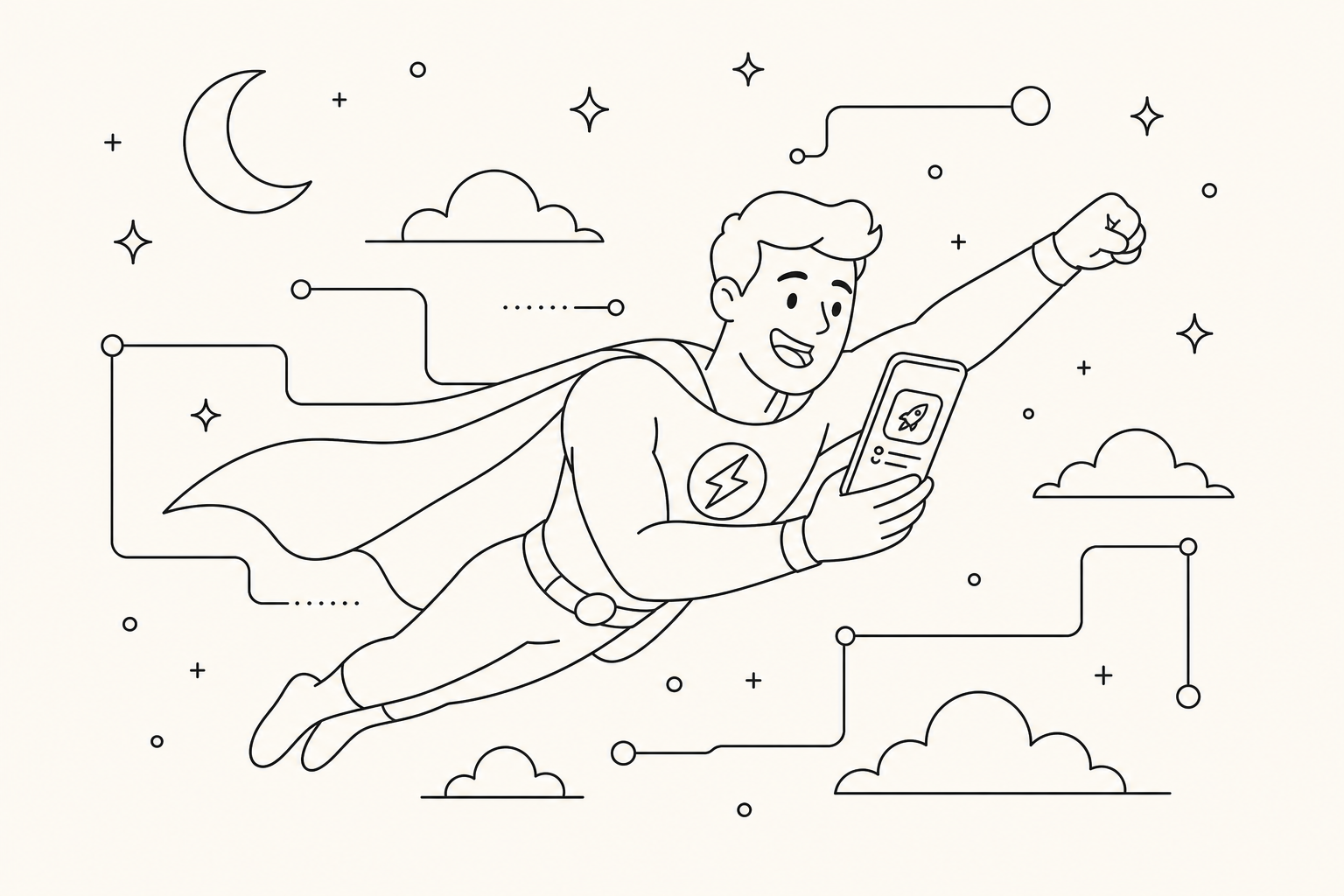 Person flying through the clouds while looking at a smartphone, in a simple black-and-white line drawing.