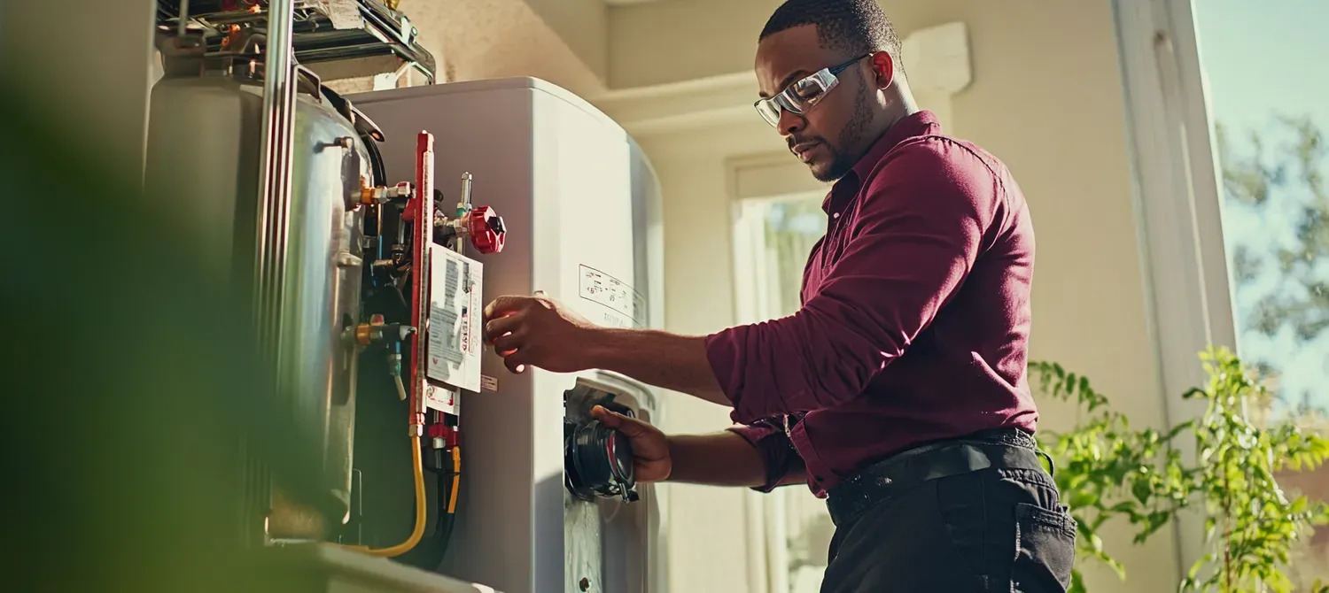 A person wearing glasses works on a water heater. They wear a maroon shirt and are outdoors. A person wearing glasses works on a water heater. They wear a maroon shirt and are outdoors.
