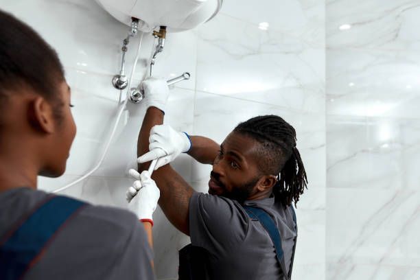 Two plumbers fixing a water heater in a white tiled bathroom, wearing gloves and overalls.