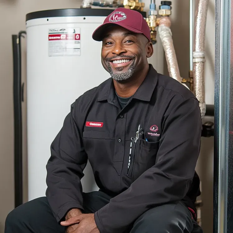 Man in work uniform smiling, sitting near a water heater. He is wearing a maroon hat. Man in work uniform smiling, sitting near a water heater. He is wearing a maroon hat.