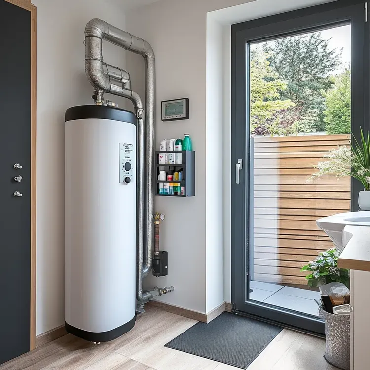 White water heater with pipes in utility room next to door to outdoor patio. White water heater with pipes in utility room next to door to outdoor patio.